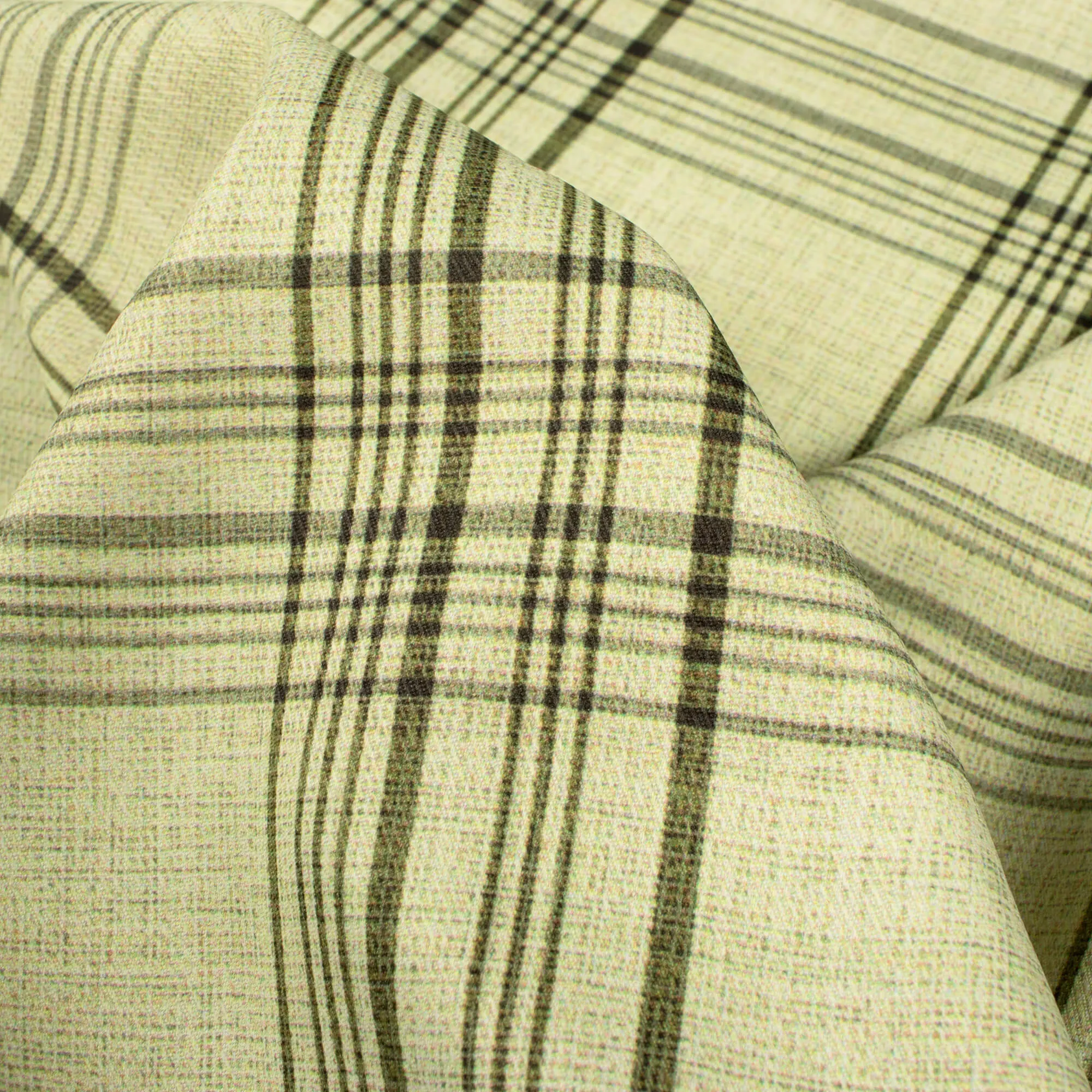 Beige And Dark Olive Green Checks Pattern Digital Print Twill Fabric (Width 56 Inches)