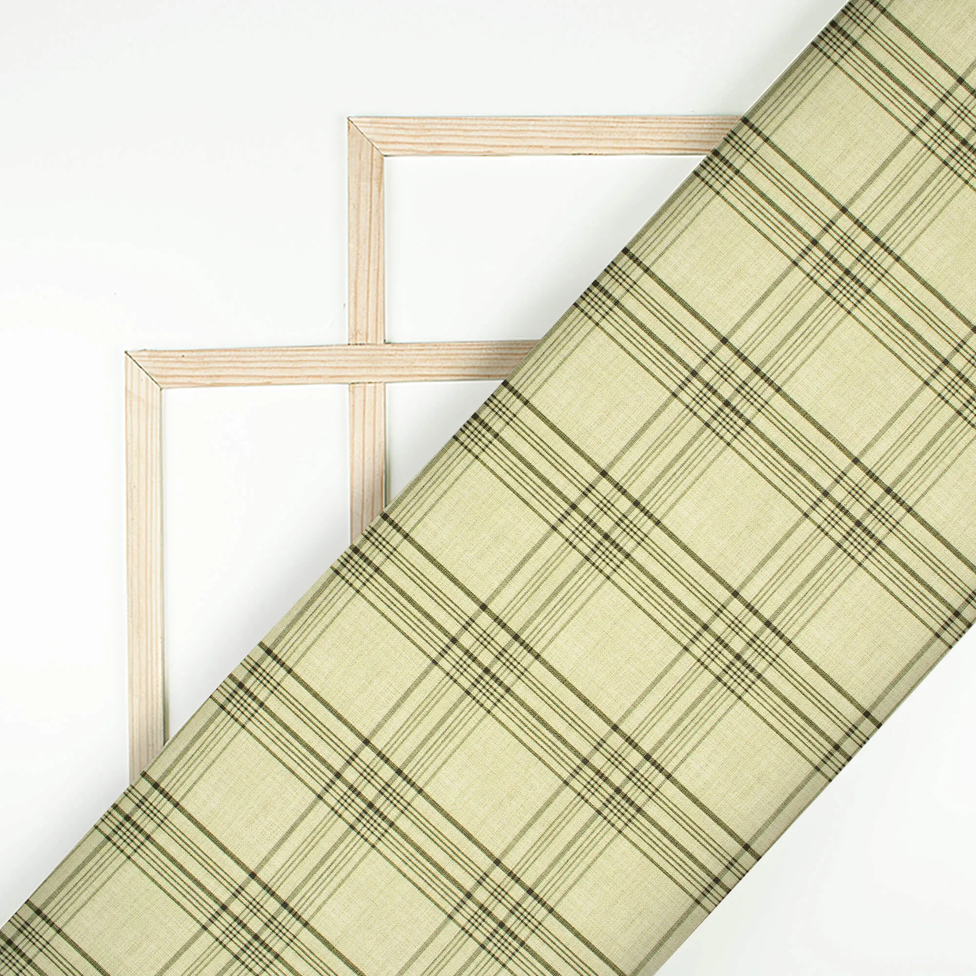 Beige And Dark Olive Green Checks Pattern Digital Print Twill Fabric (Width 56 Inches)