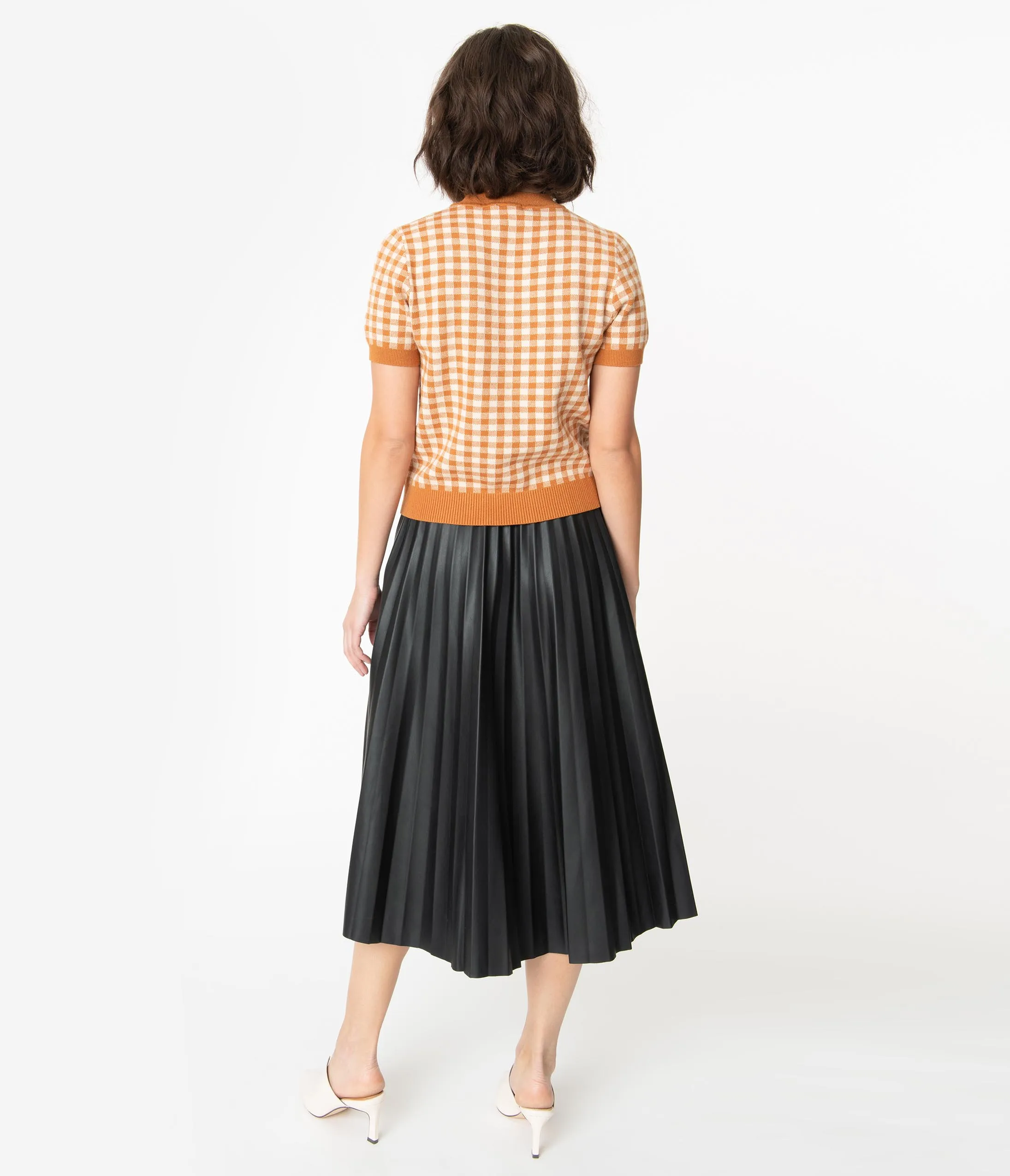 Black Leatherette Pleated Midi Skirt