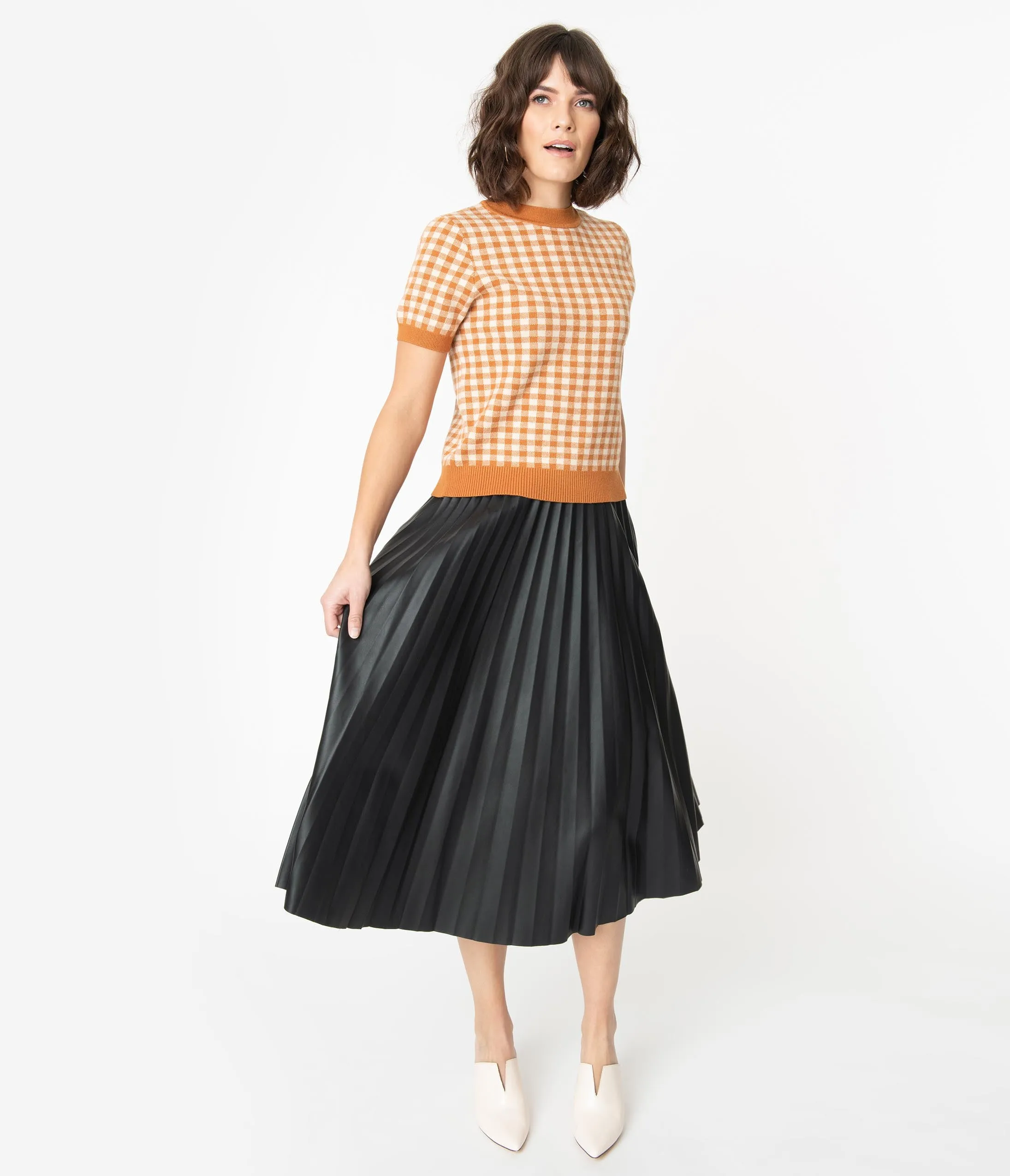 Black Leatherette Pleated Midi Skirt