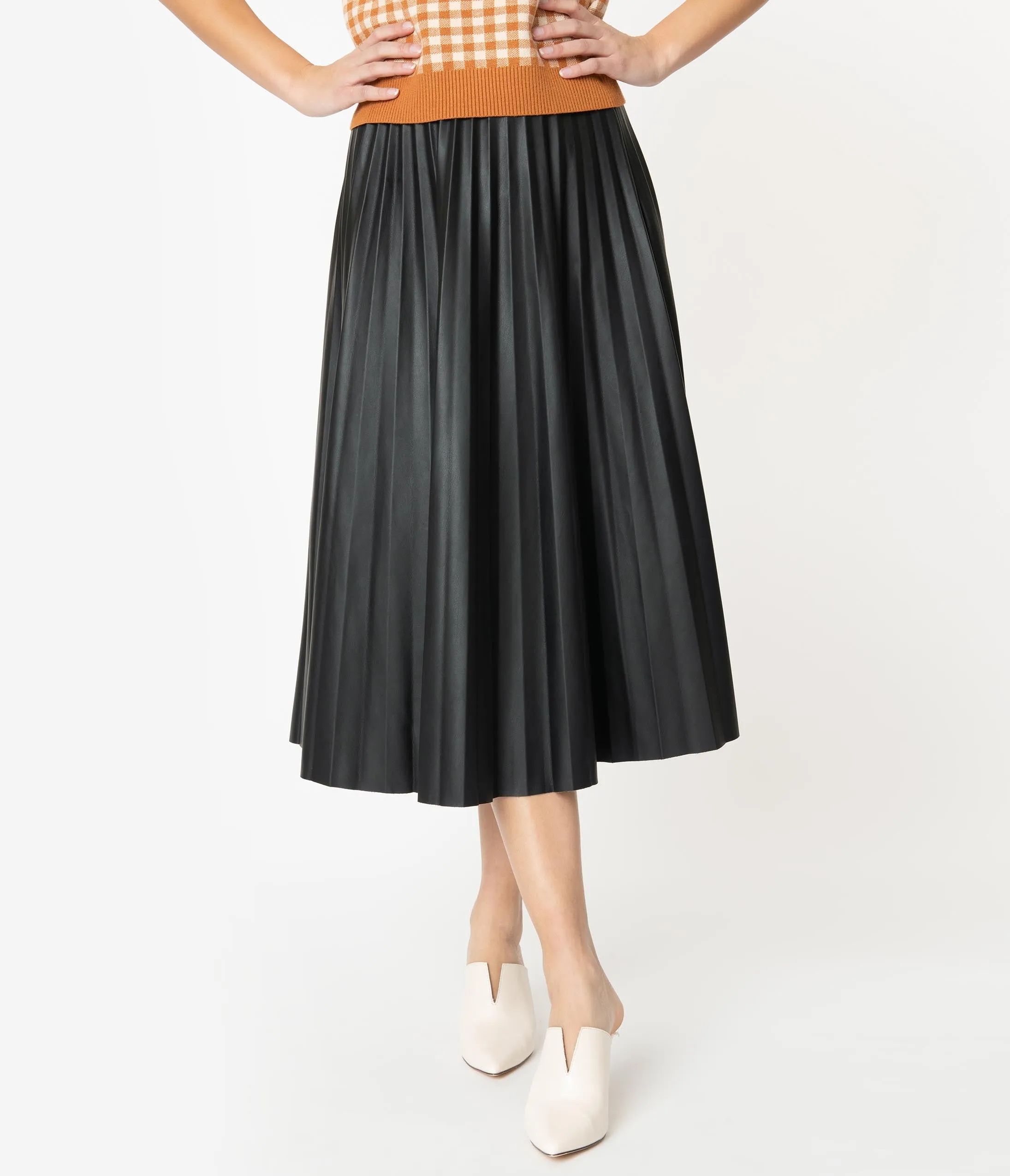 Black Leatherette Pleated Midi Skirt