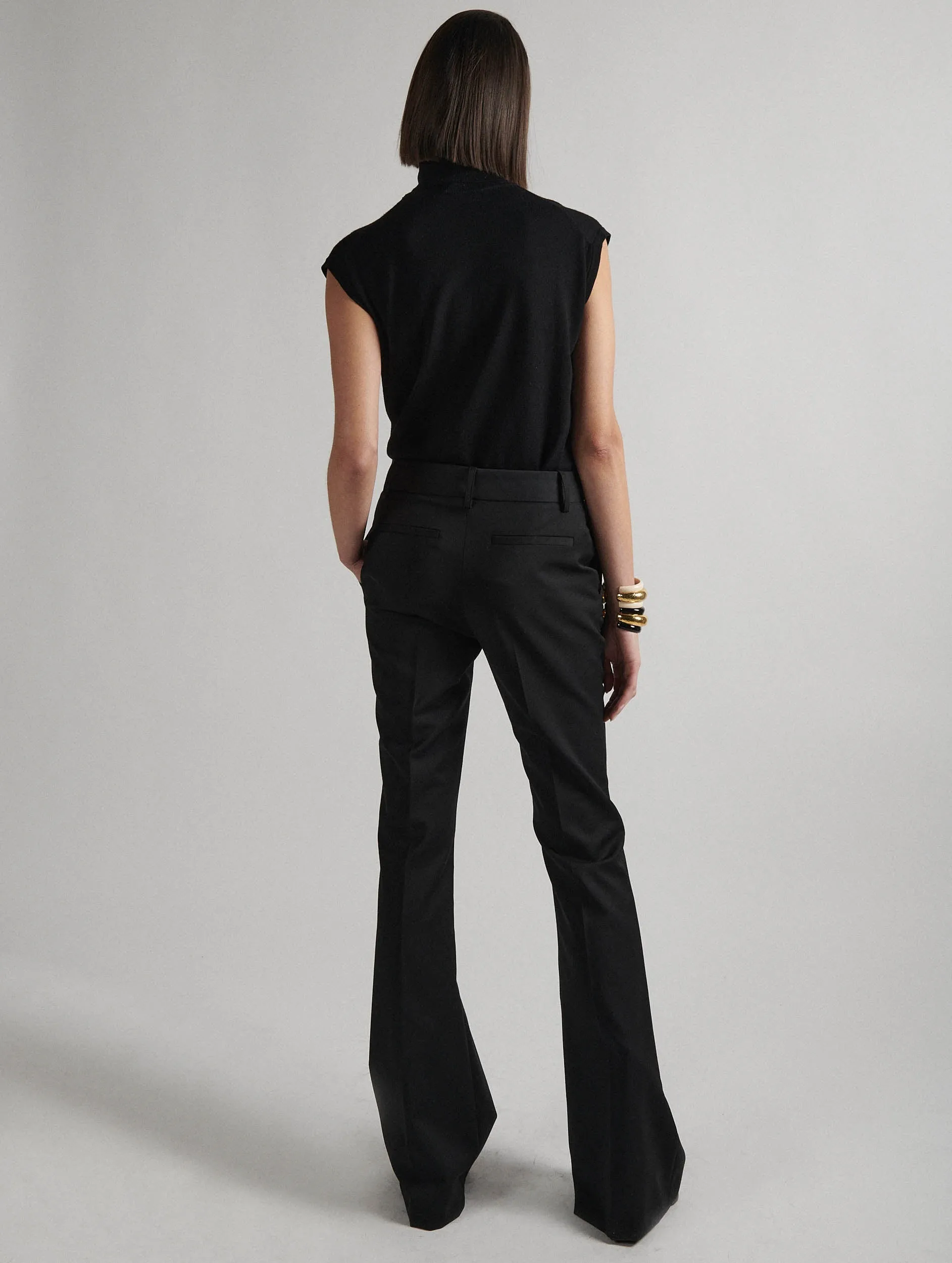 Black stretch wool gabardine bootleg-cut trousers