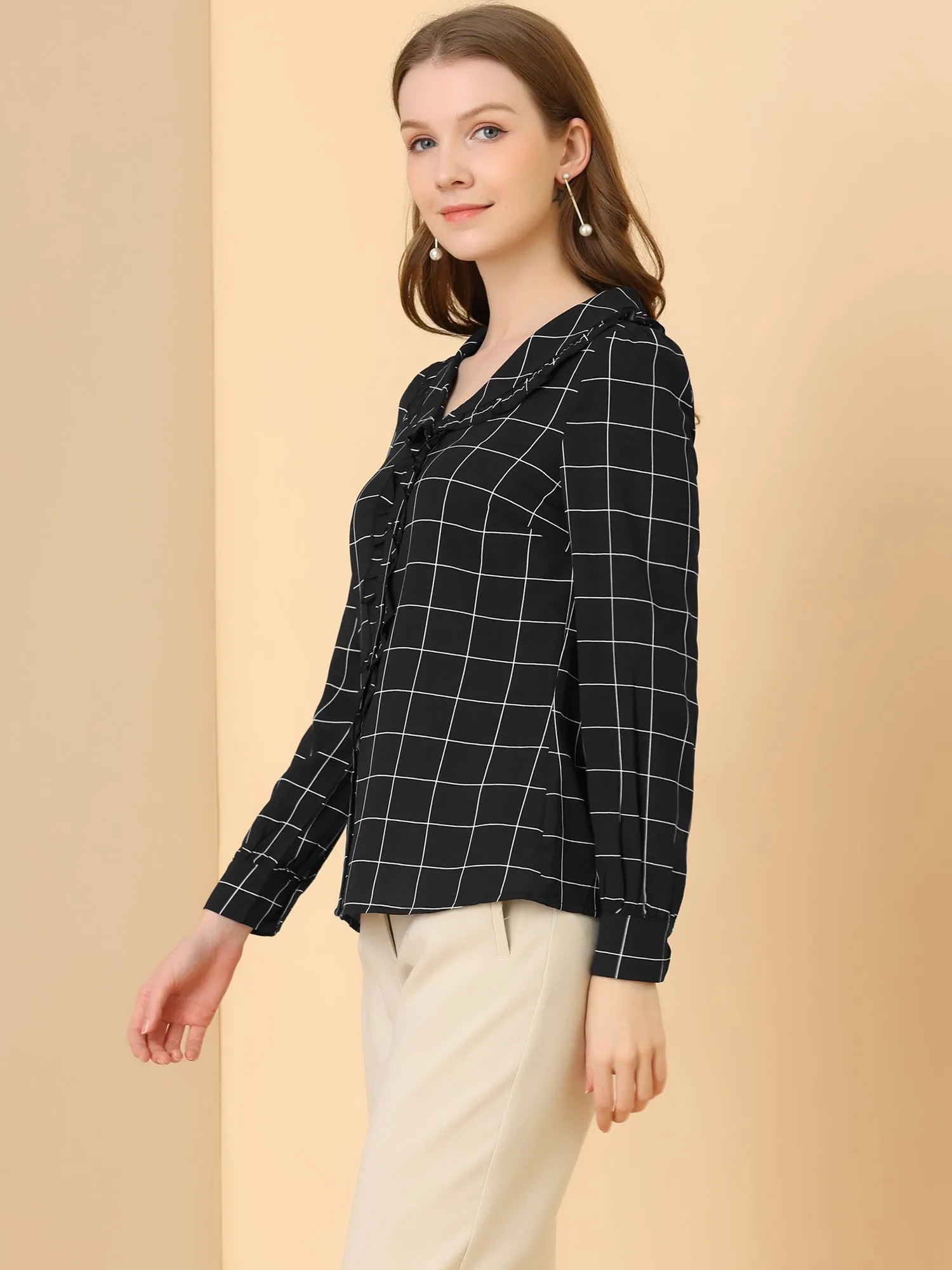 Classic Ruffle Long Sleeve Doll Collared Plaid Shirt