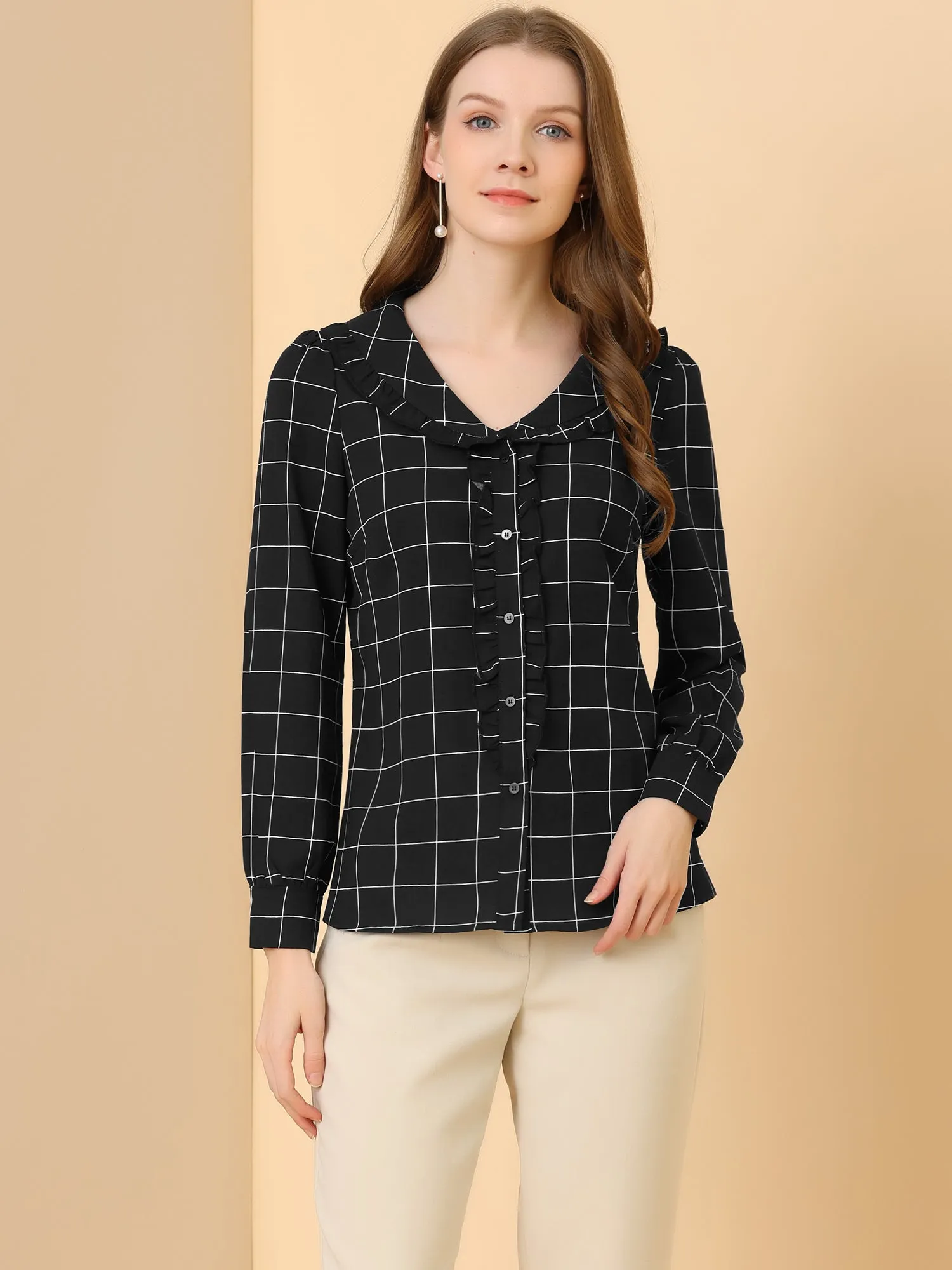 Classic Ruffle Long Sleeve Doll Collared Plaid Shirt