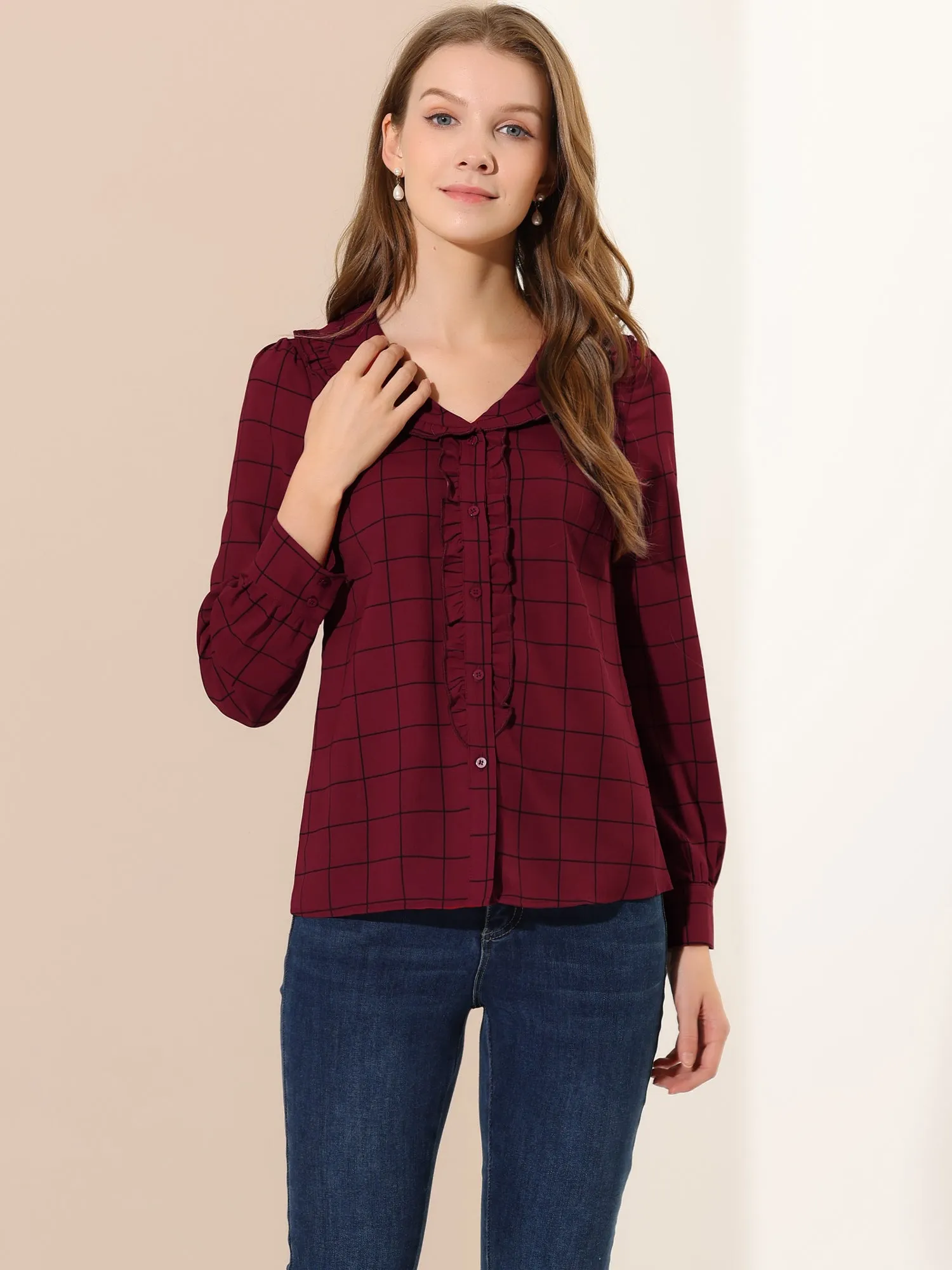 Classic Ruffle Long Sleeve Doll Collared Plaid Shirt