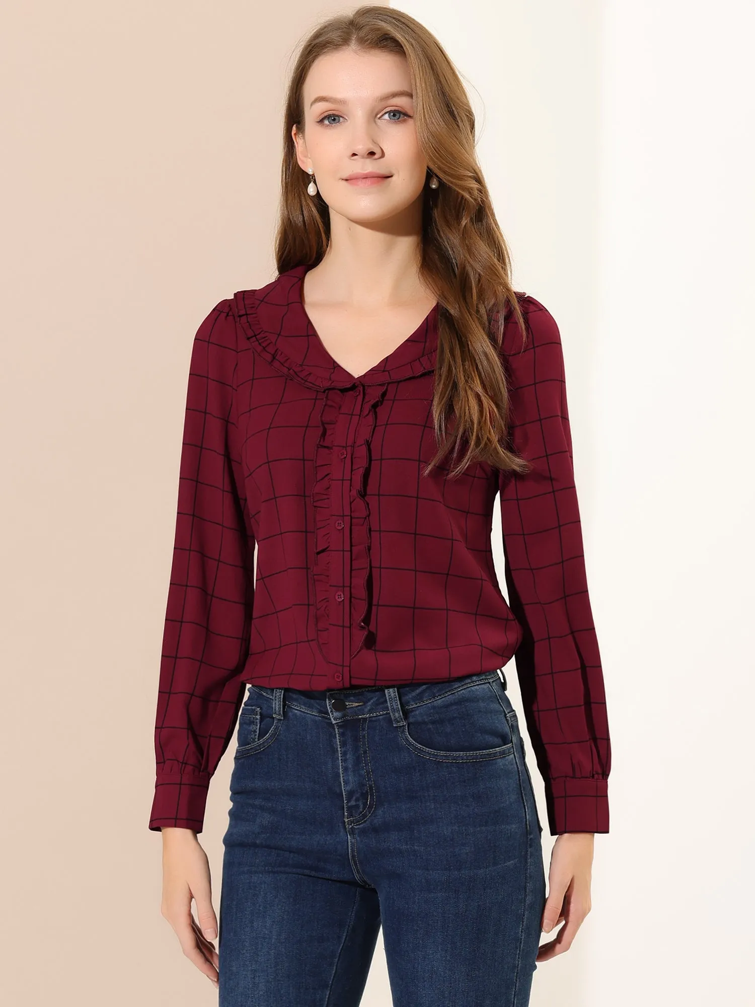 Classic Ruffle Long Sleeve Doll Collared Plaid Shirt