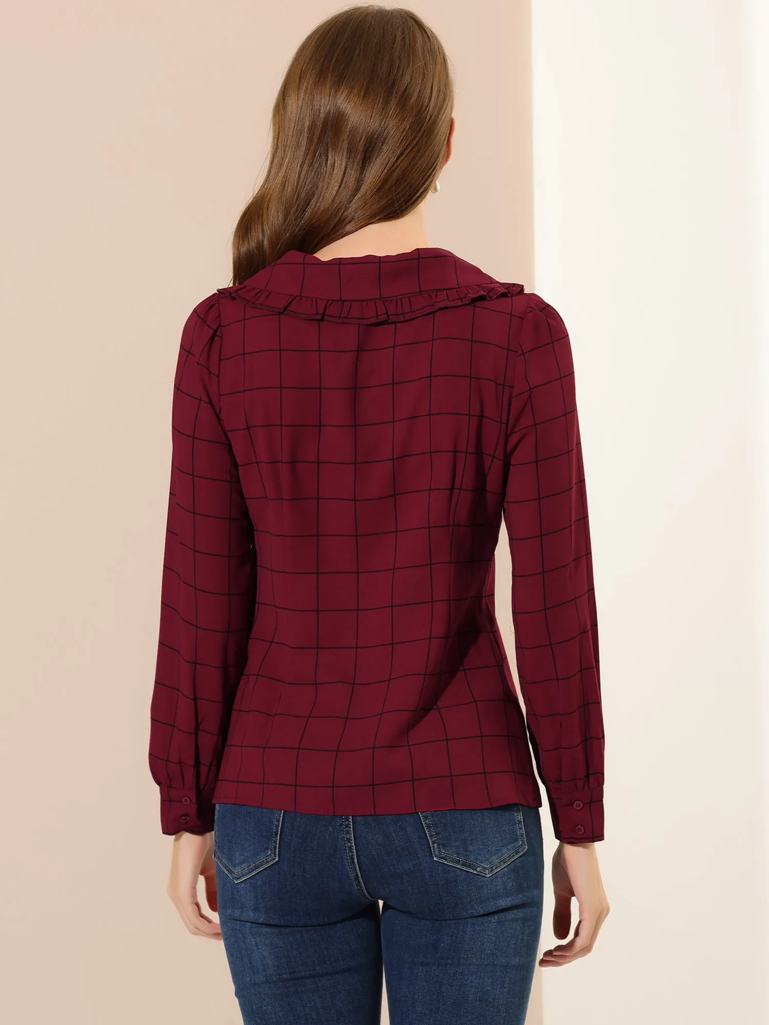 Classic Ruffle Long Sleeve Doll Collared Plaid Shirt