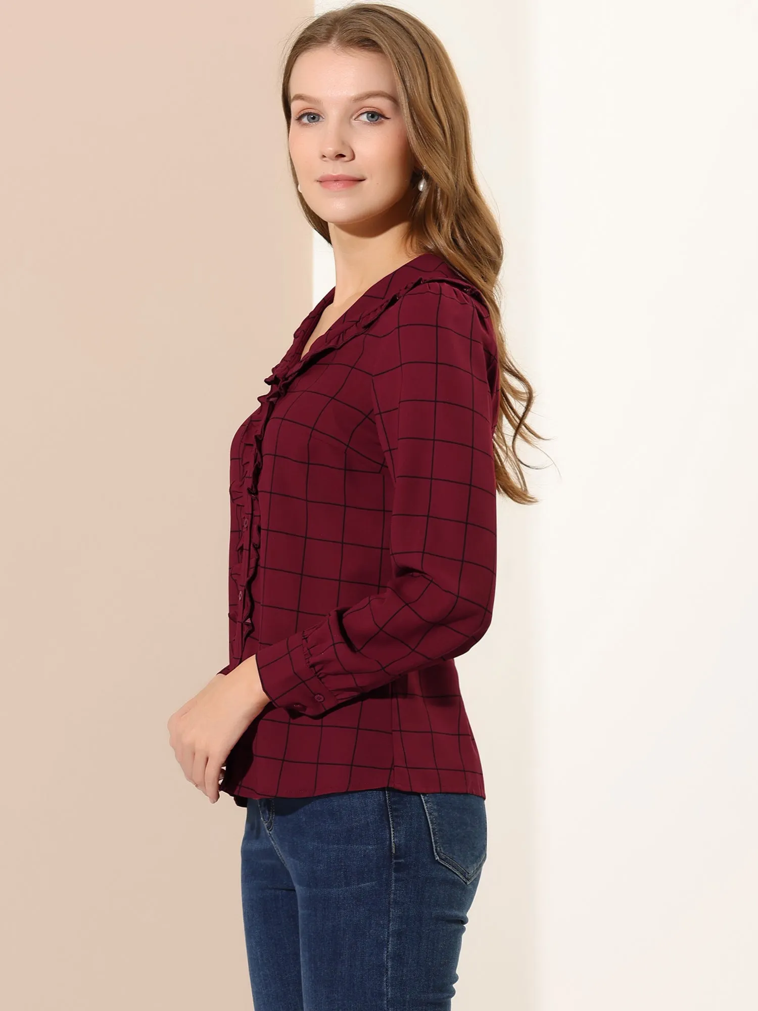 Classic Ruffle Long Sleeve Doll Collared Plaid Shirt