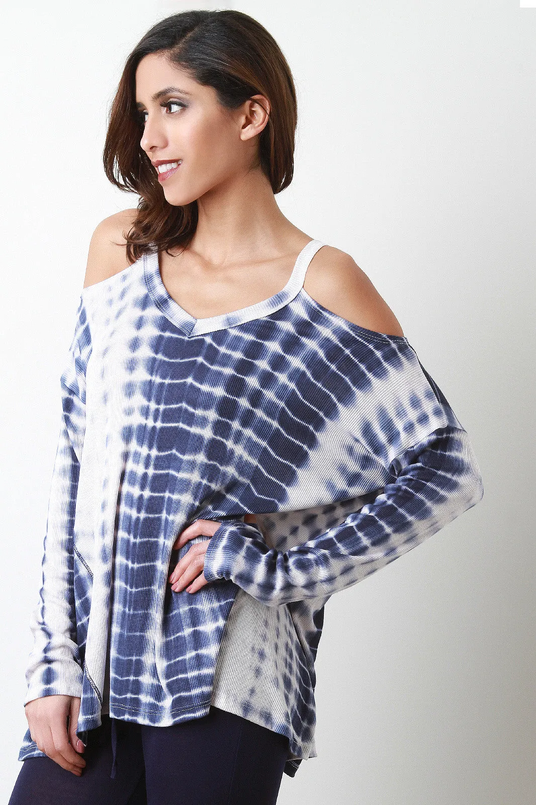 Cold Shoulder Long Sleeve Tie Dye Top