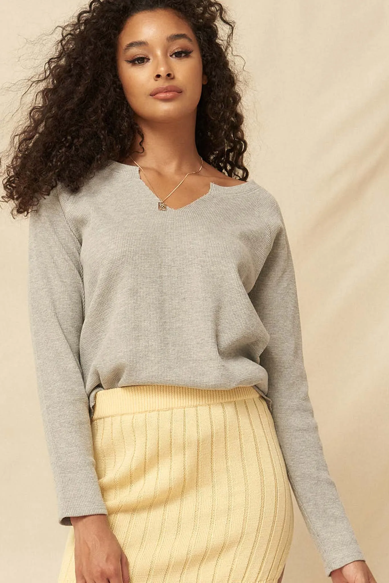 Feeling Good Split-Neck Waffle Knit Thermal Top