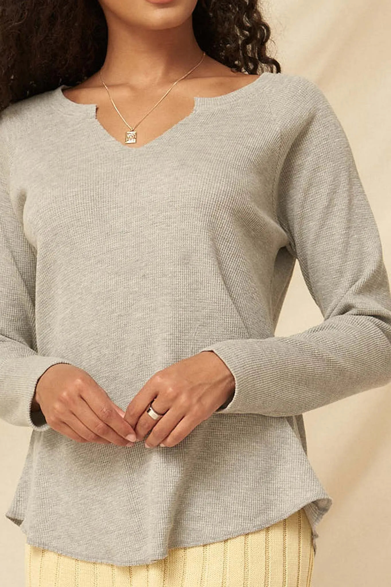 Feeling Good Split-Neck Waffle Knit Thermal Top