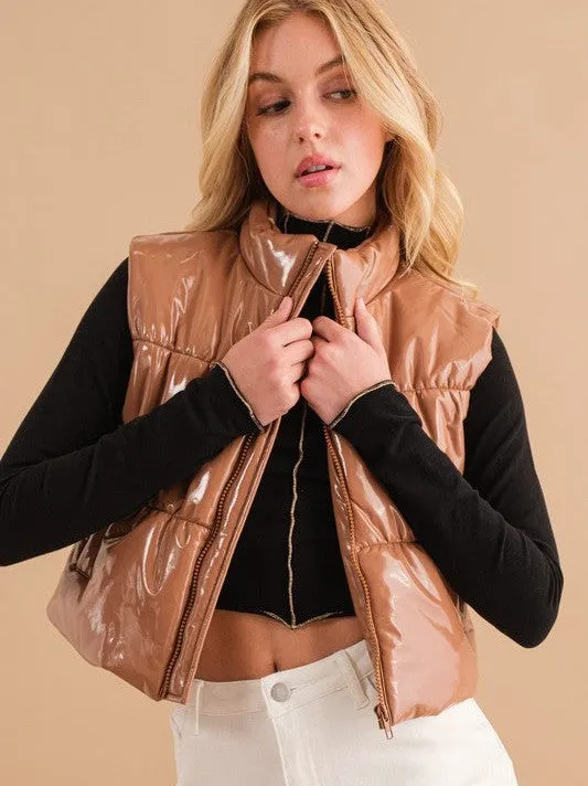 Hello World Shiny Gloss Quilted Puffer Vest