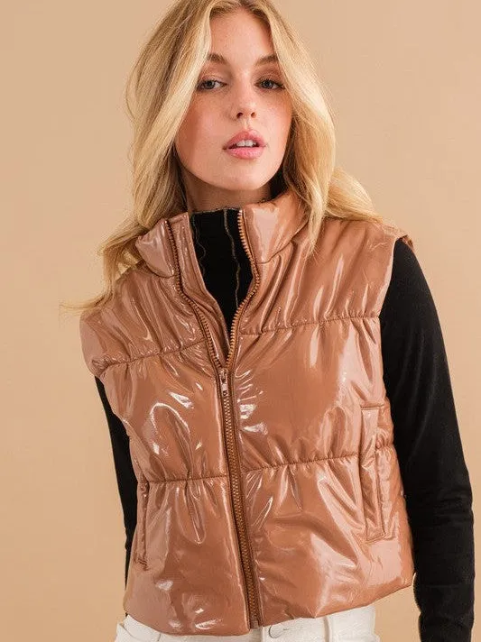 Hello World Shiny Gloss Quilted Puffer Vest