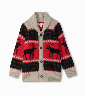 Holiday Elks Shawl Collar Cardigan - Oatmeal Melange