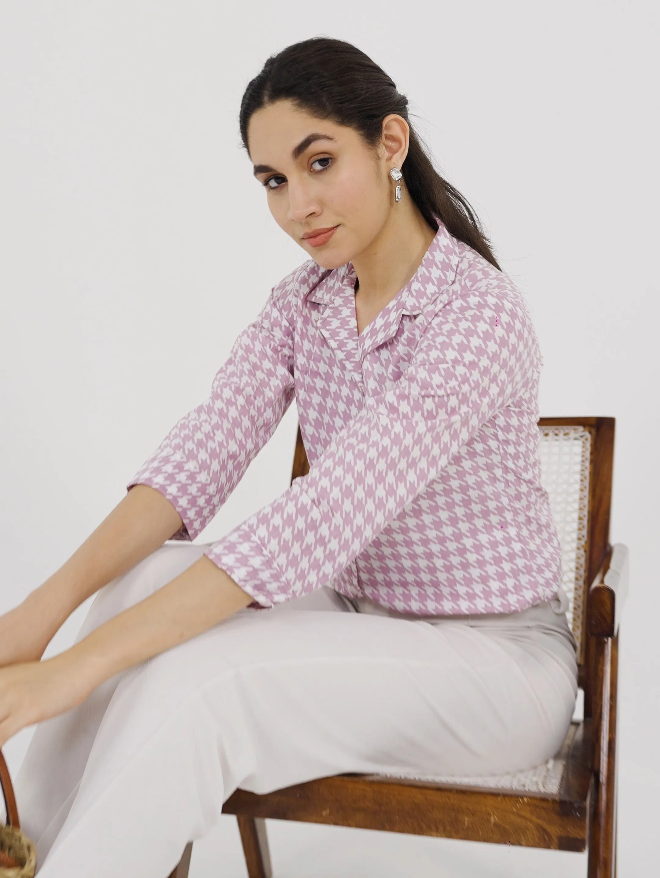 Lilac Houndstooth Lapel Collar Shirt