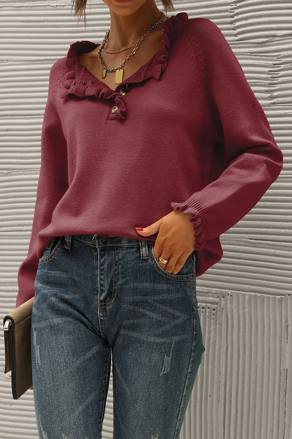 Long Sleeve Button Down Ruffle Knit Pullover Sweater Tops