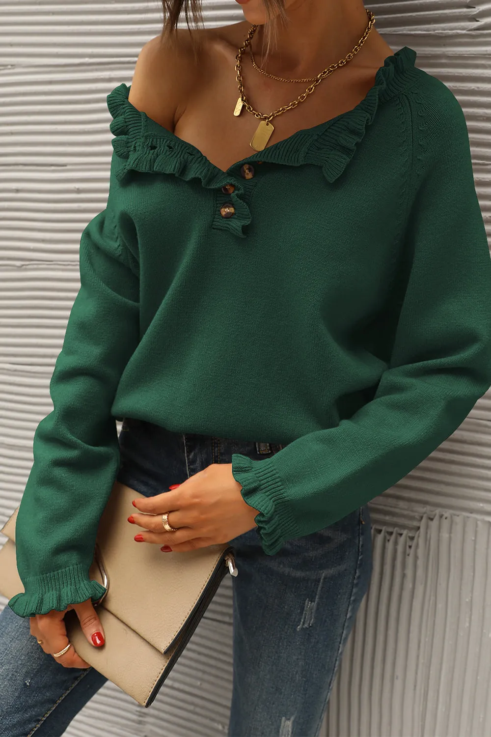 Long Sleeve Button Down Ruffle Knit Pullover Sweater Tops