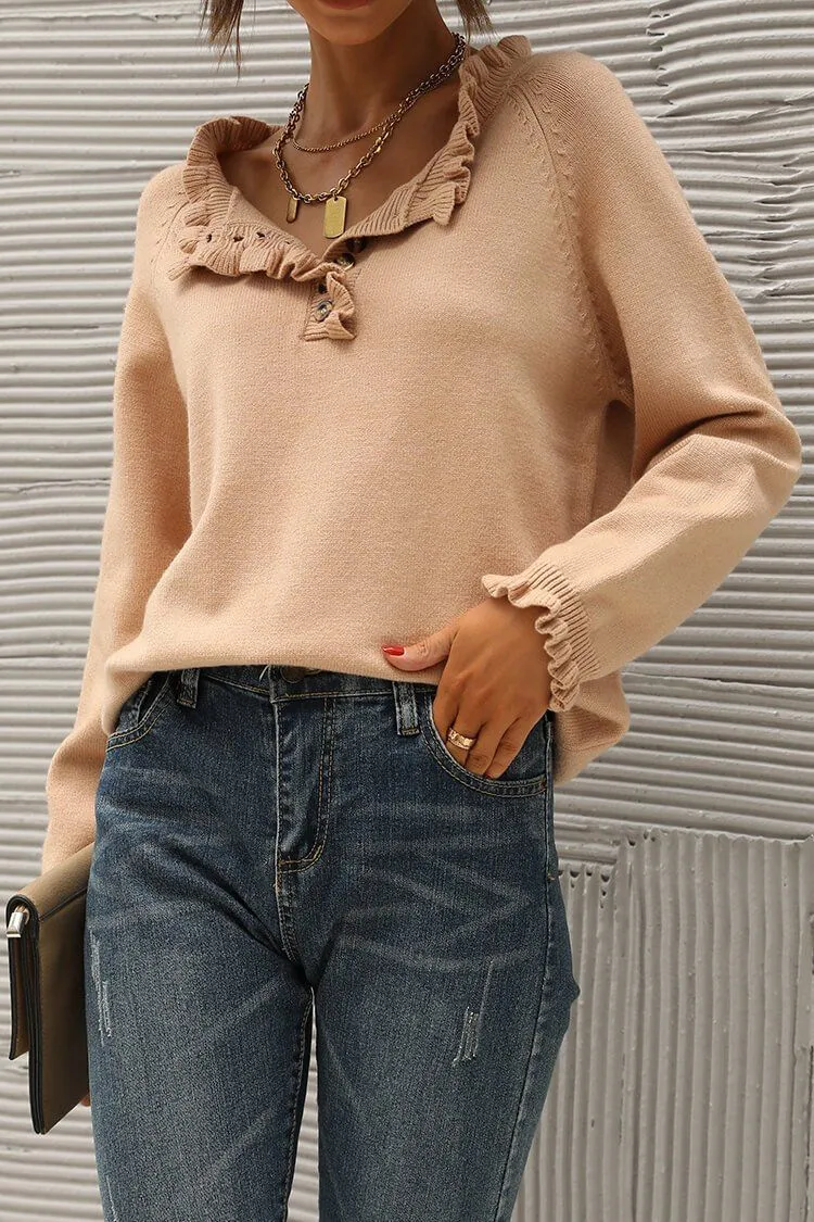 Long Sleeve Button Down Ruffle Knit Pullover Sweater Tops