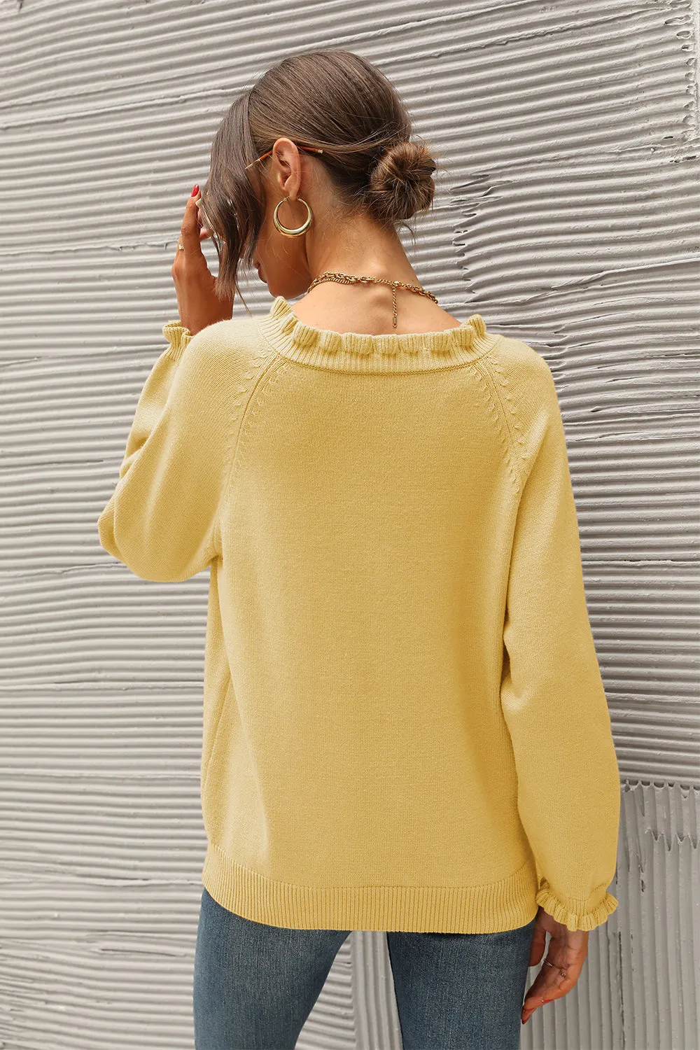 Long Sleeve Button Down Ruffle Knit Pullover Sweater Tops