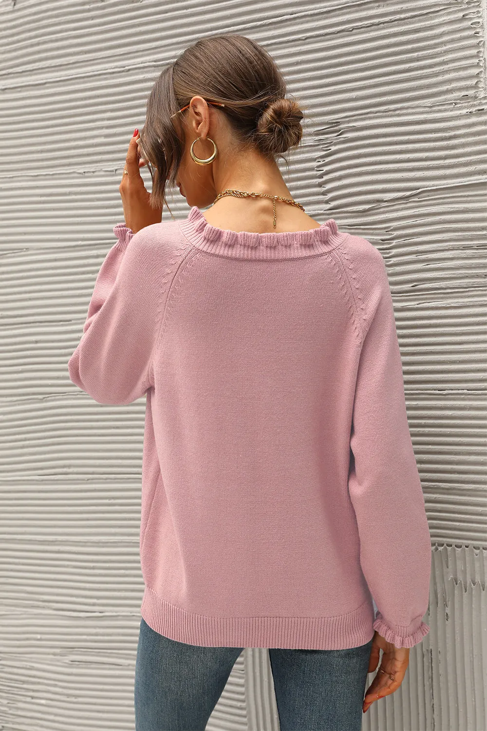 Long Sleeve Button Down Ruffle Knit Pullover Sweater Tops