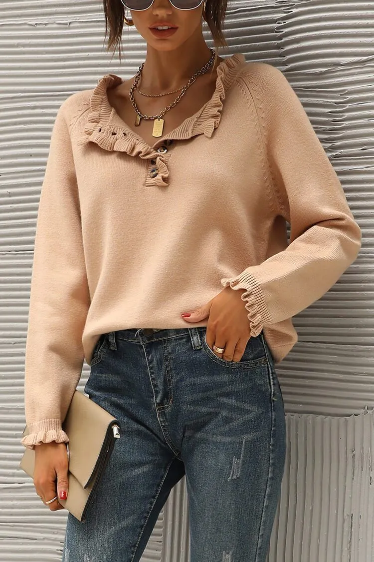 Long Sleeve Button Down Ruffle Knit Pullover Sweater Tops