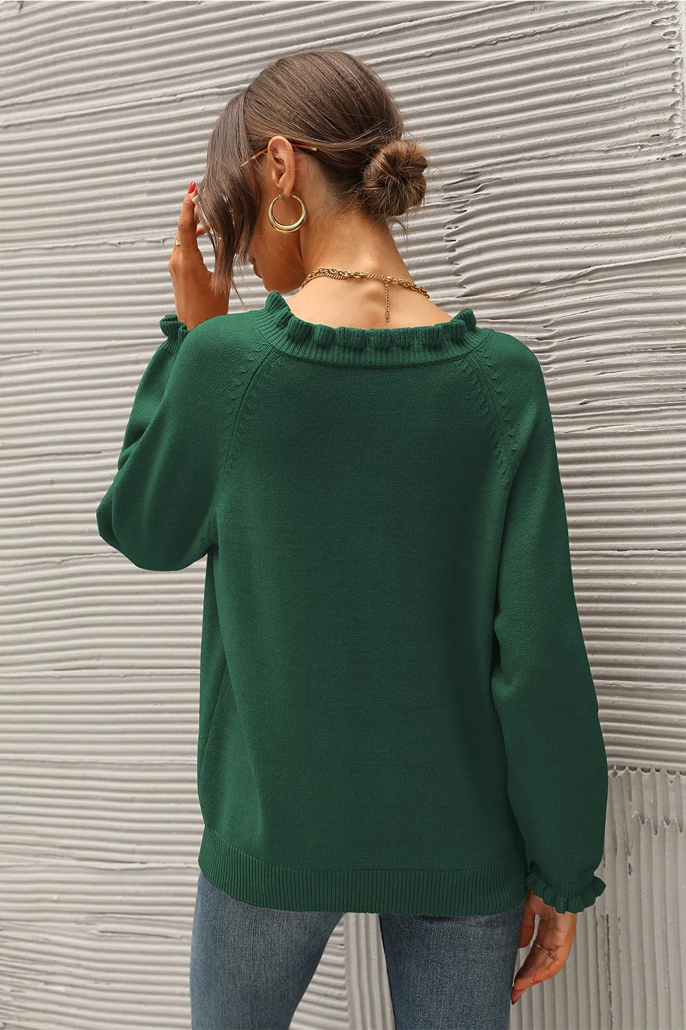 Long Sleeve Button Down Ruffle Knit Pullover Sweater Tops