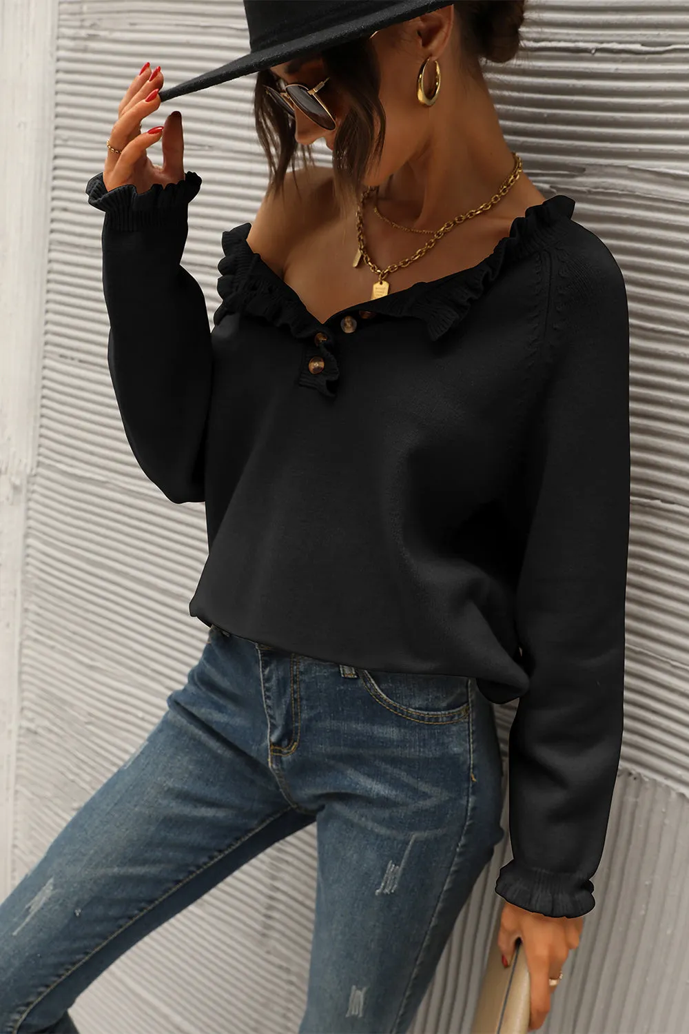 Long Sleeve Button Down Ruffle Knit Pullover Sweater Tops