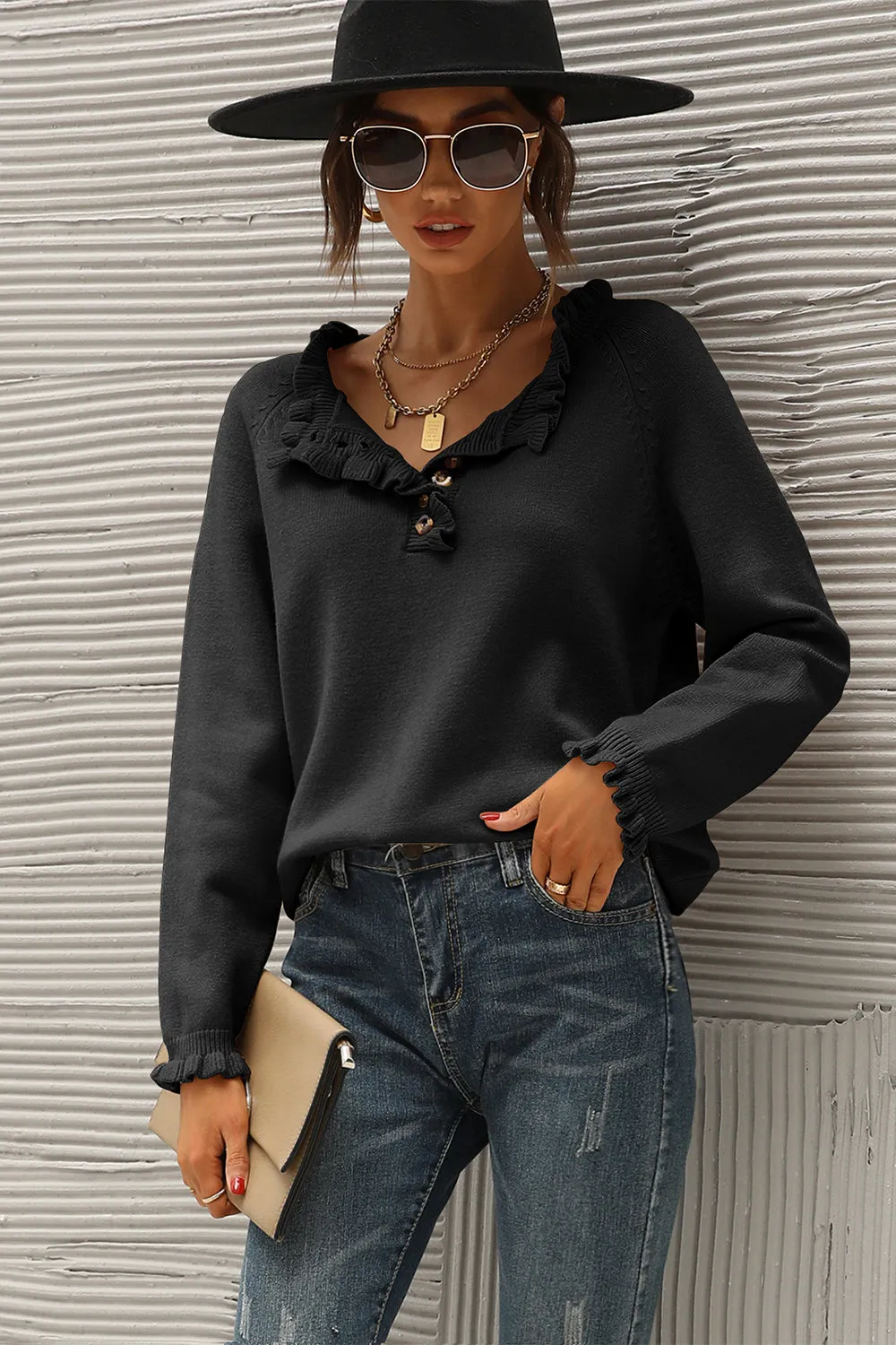 Long Sleeve Button Down Ruffle Knit Pullover Sweater Tops