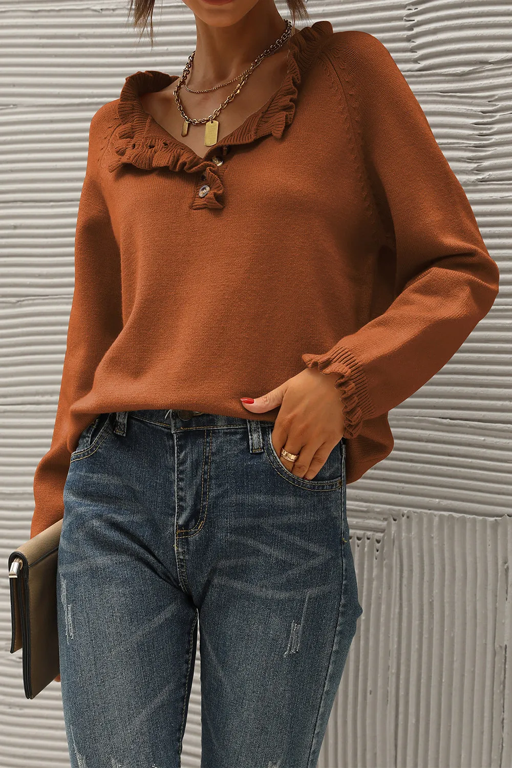 Long Sleeve Button Down Ruffle Knit Pullover Sweater Tops