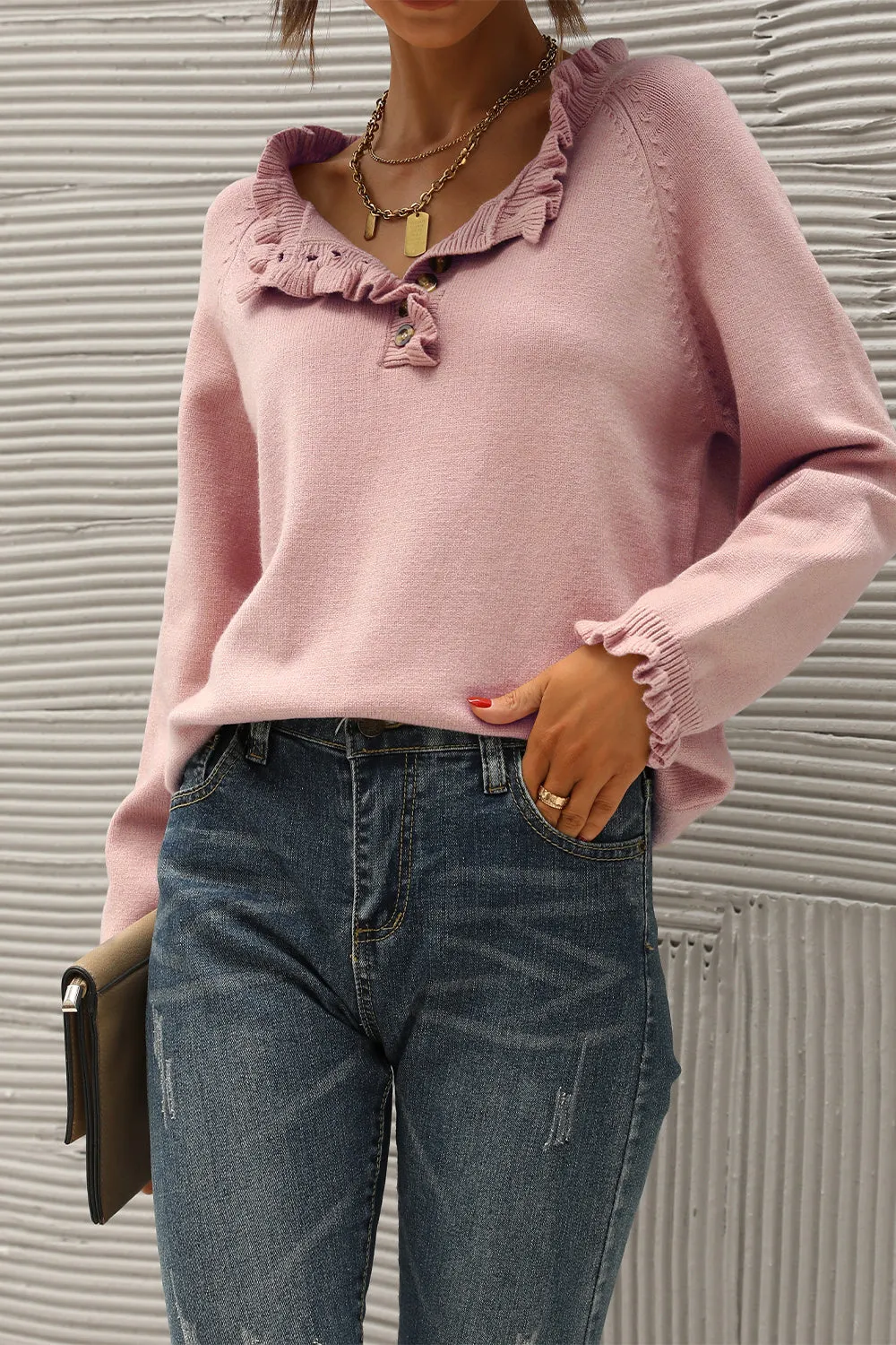 Long Sleeve Button Down Ruffle Knit Pullover Sweater Tops