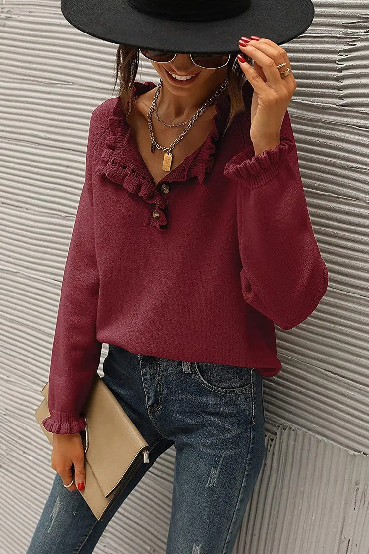 Long Sleeve Button Down Ruffle Knit Pullover Sweater Tops