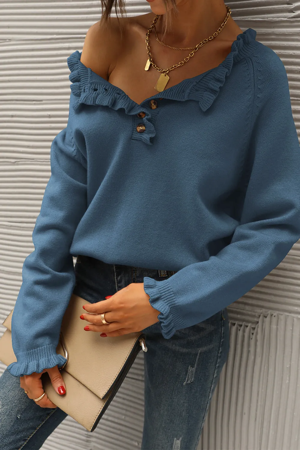 Long Sleeve Button Down Ruffle Knit Pullover Sweater Tops