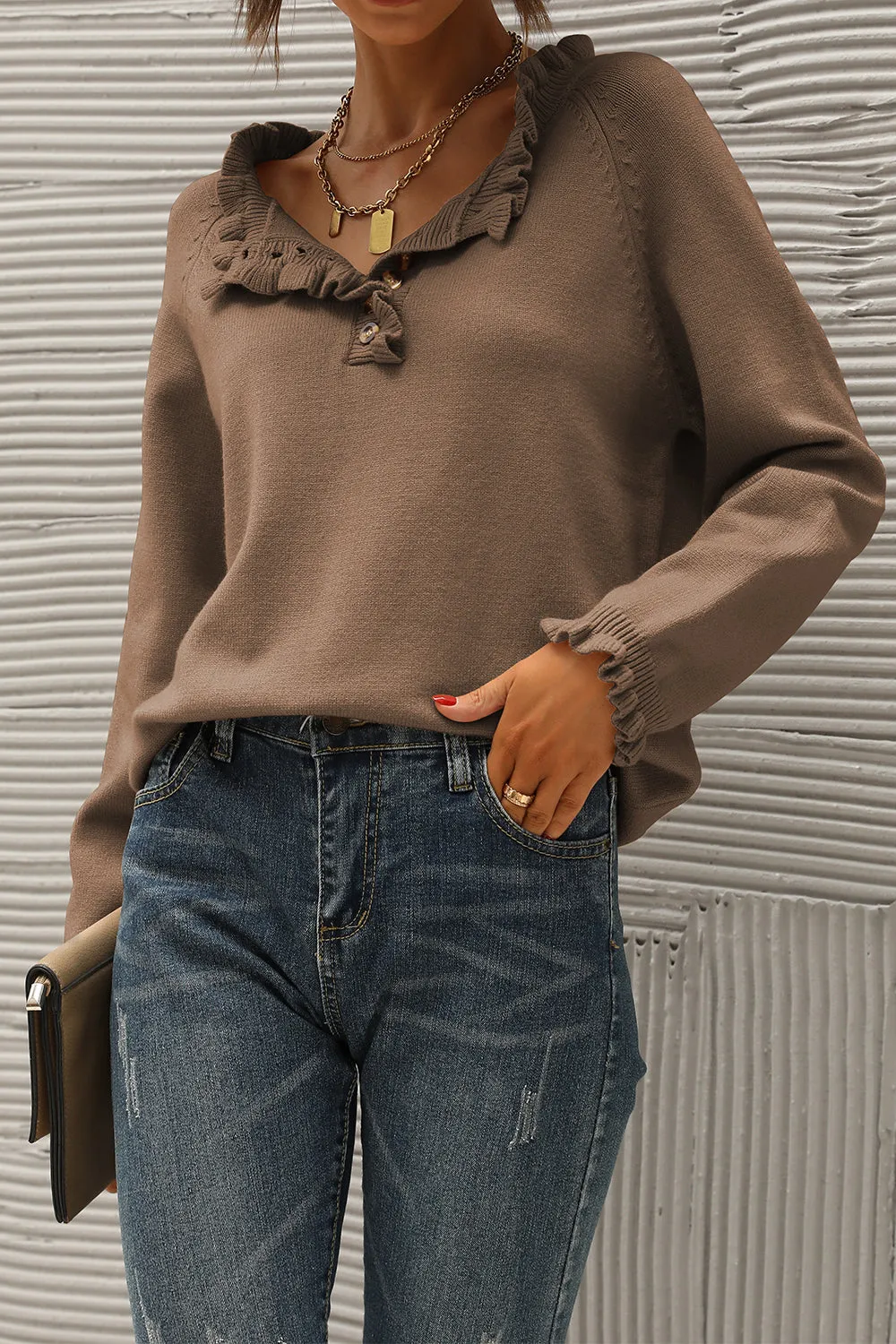 Long Sleeve Button Down Ruffle Knit Pullover Sweater Tops