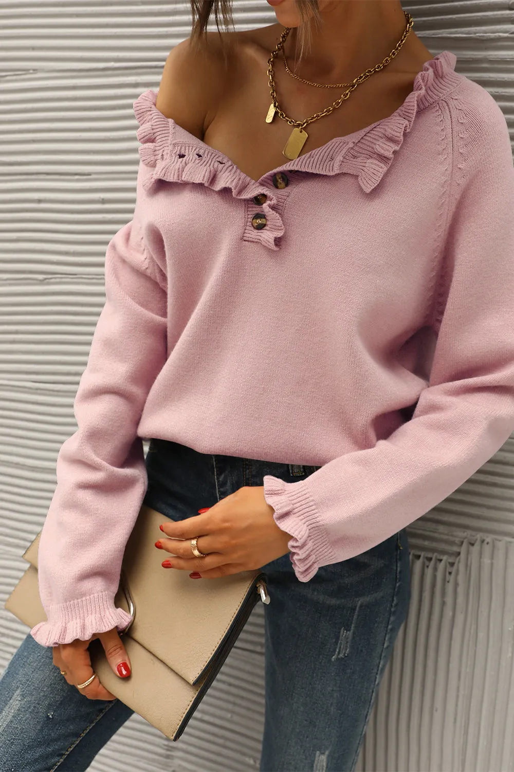 Long Sleeve Button Down Ruffle Knit Pullover Sweater Tops