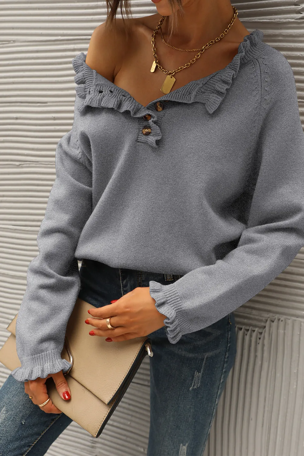 Long Sleeve Button Down Ruffle Knit Pullover Sweater Tops