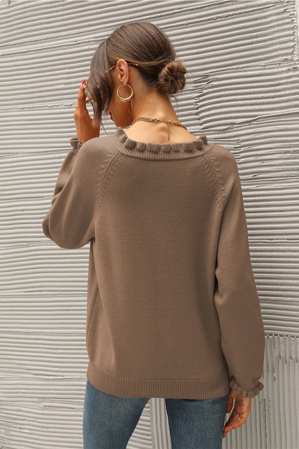 Long Sleeve Button Down Ruffle Knit Pullover Sweater Tops