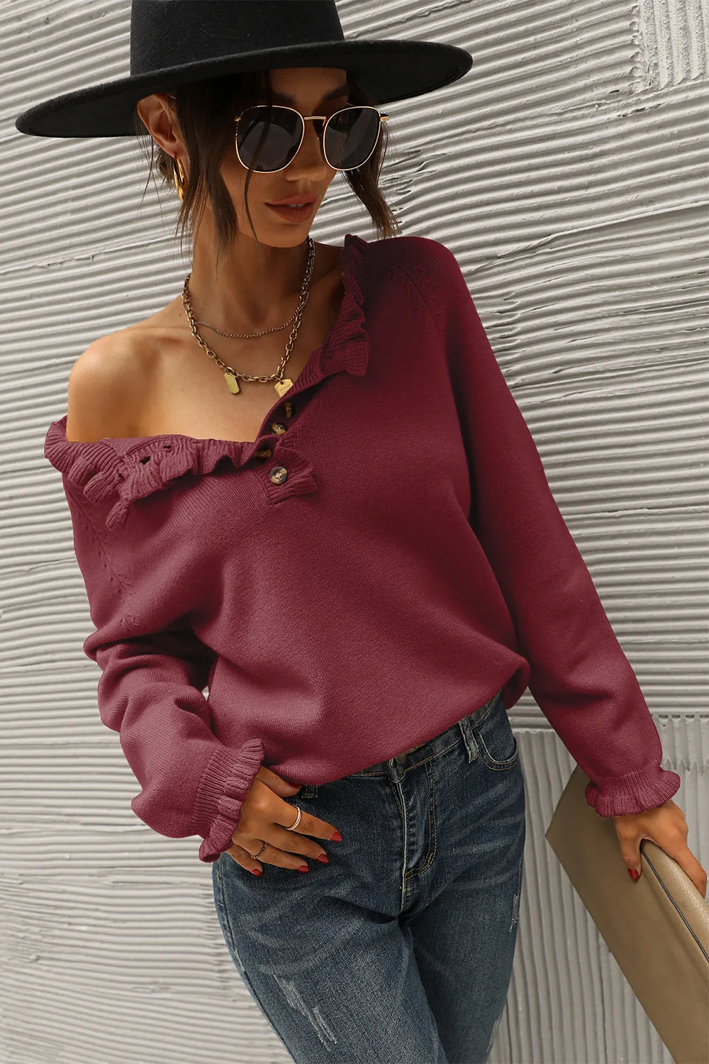 Long Sleeve Button Down Ruffle Knit Pullover Sweater Tops