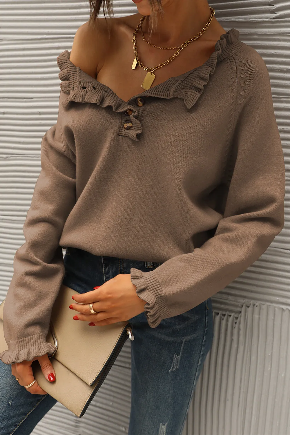 Long Sleeve Button Down Ruffle Knit Pullover Sweater Tops