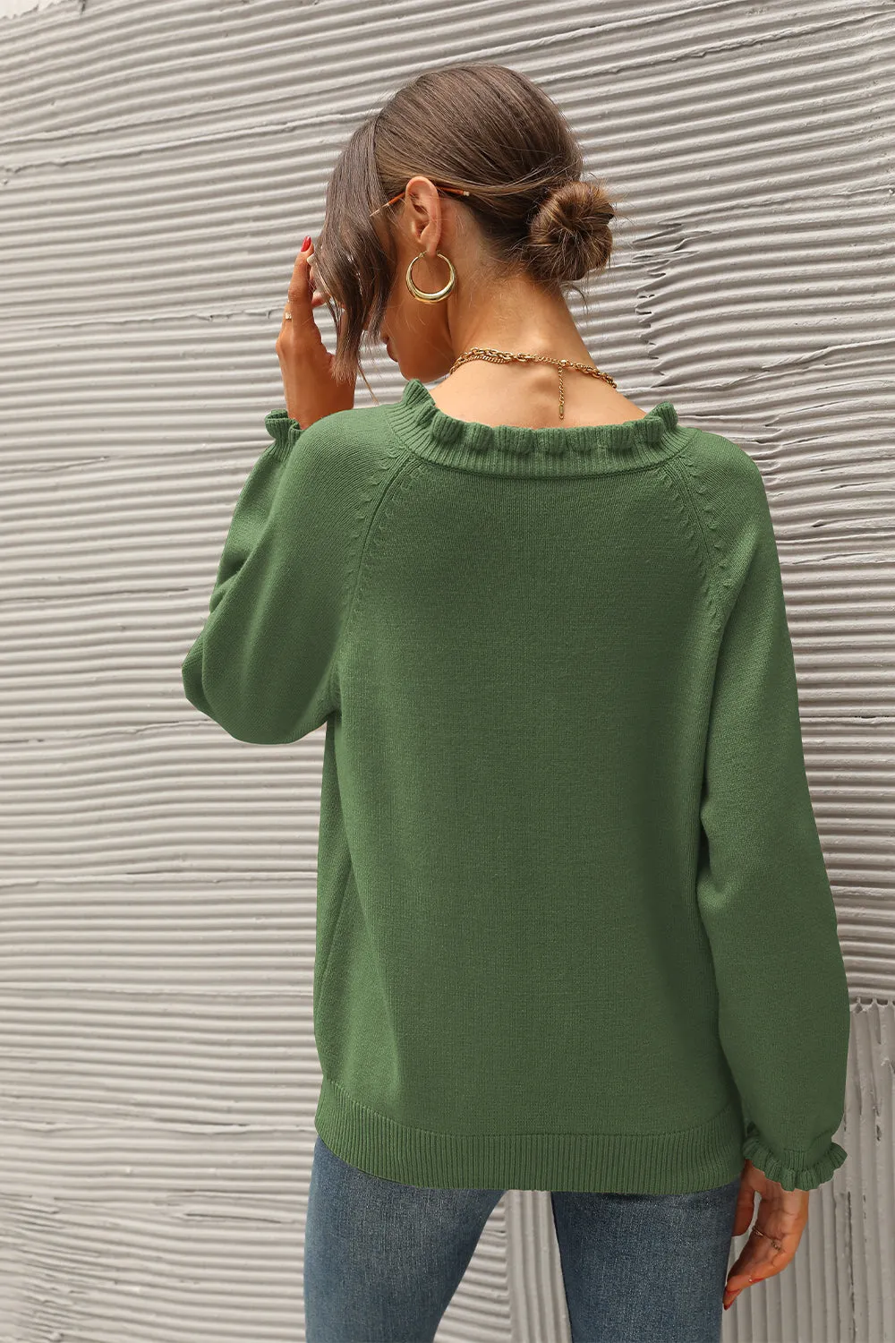 Long Sleeve Button Down Ruffle Knit Pullover Sweater Tops