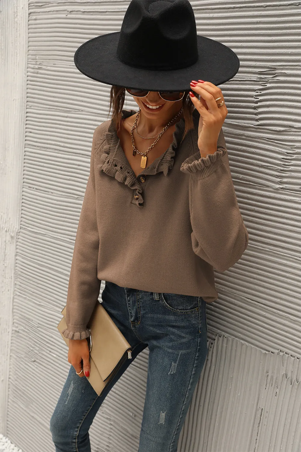 Long Sleeve Button Down Ruffle Knit Pullover Sweater Tops