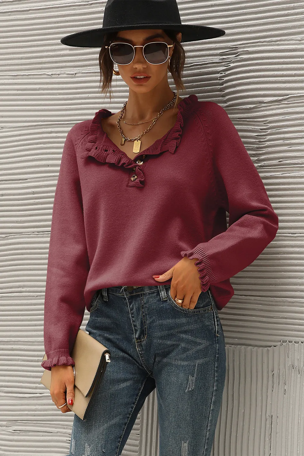 Long Sleeve Button Down Ruffle Knit Pullover Sweater Tops