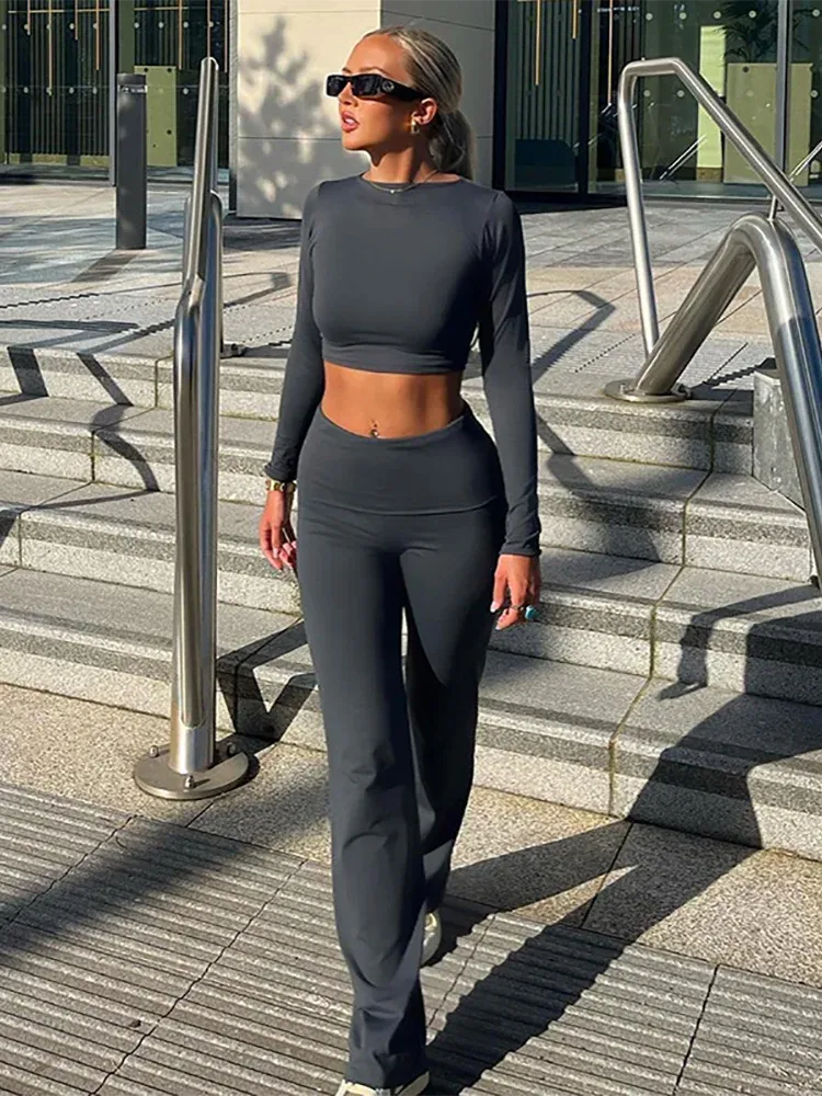 LVSANW Absobe Leisure Fold Over Pants Suit Women Crew Long Sleeve Slim Crop Top Flare Pants Sports Causal Set Hottie Autumn Streetwear