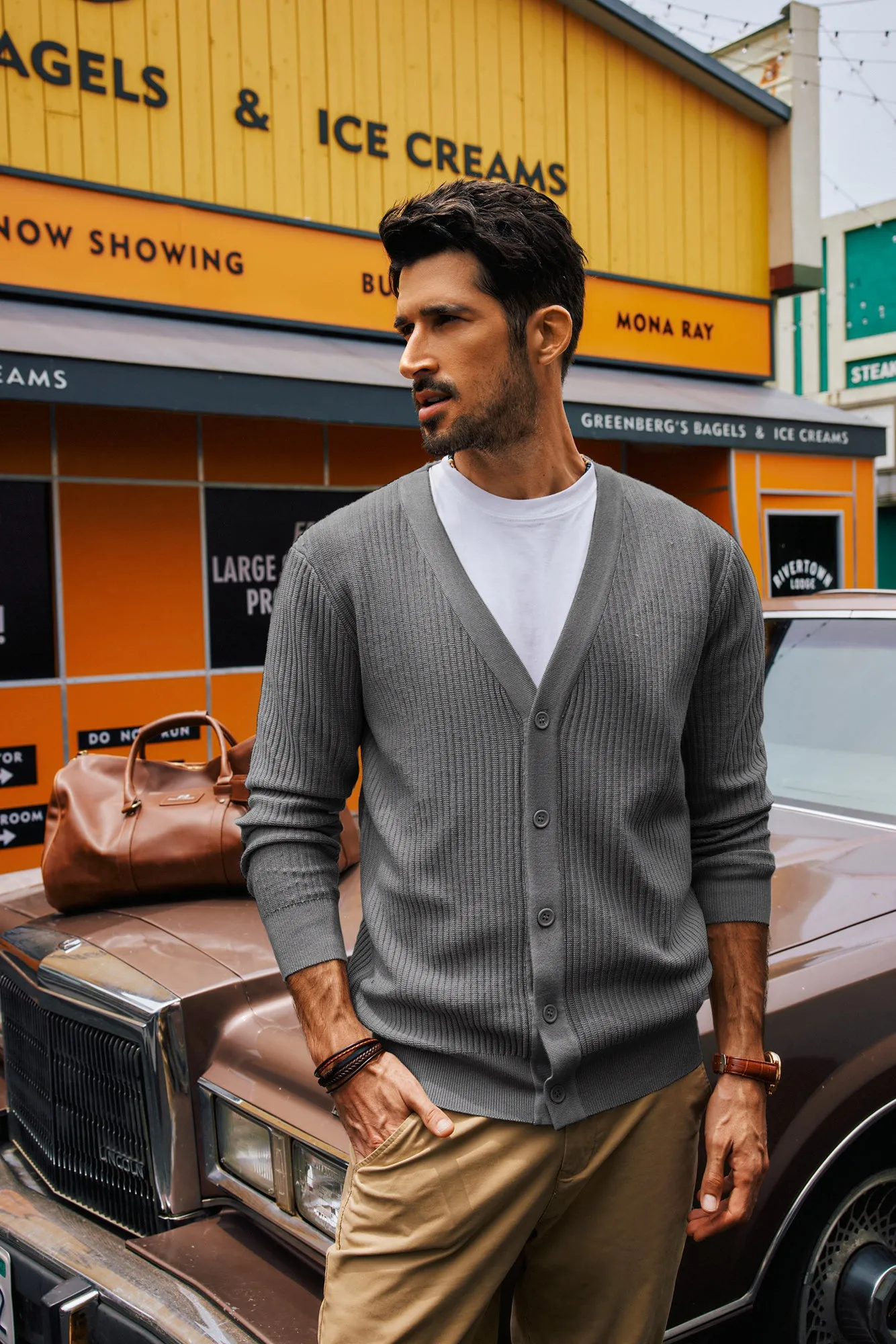 Men Ribbed Knitted Cardigan Long Sleeve V-Neck Button-up Sweater Knitwear