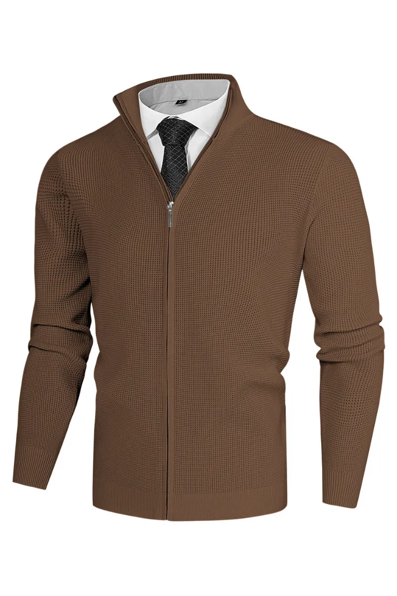 Men Waffle Textured Cardigan Long Sleeve Stand Collar Zip-up Sweater Knitwear