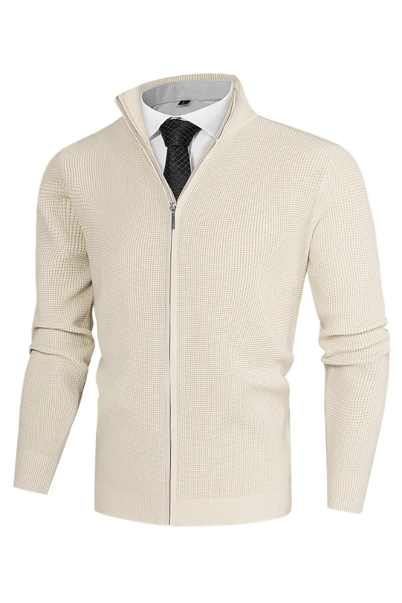 Men Waffle Textured Cardigan Long Sleeve Stand Collar Zip-up Sweater Knitwear