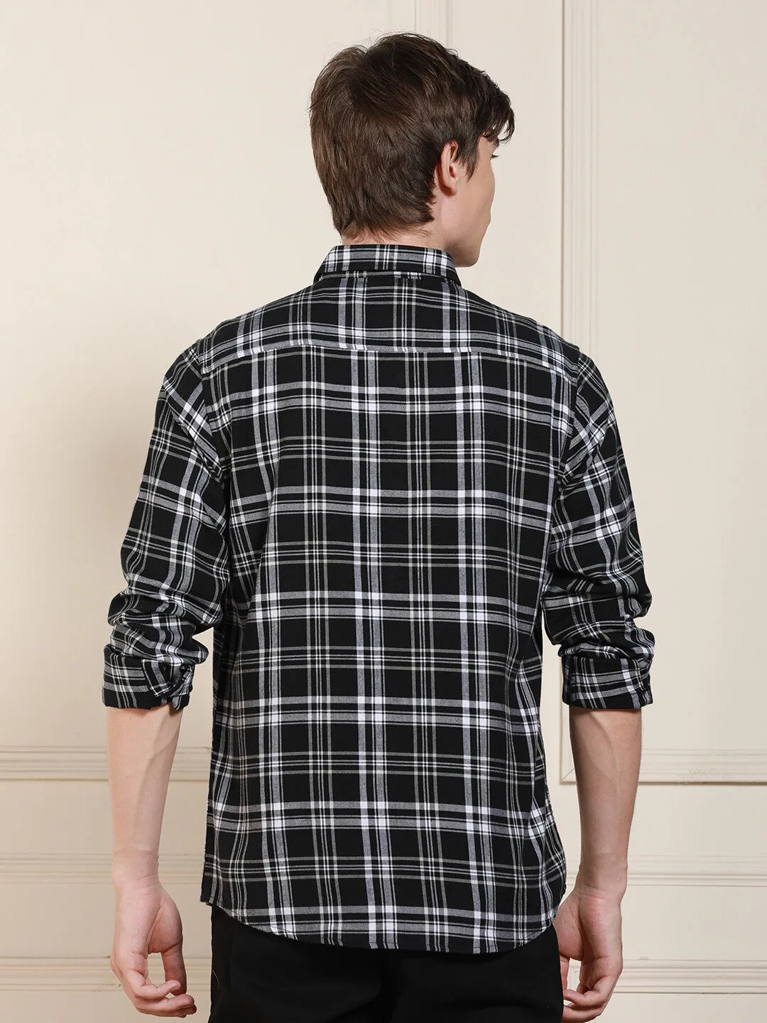 Men's Black Tartan Checks Spread Collar Full Sleeves Casual Shirt