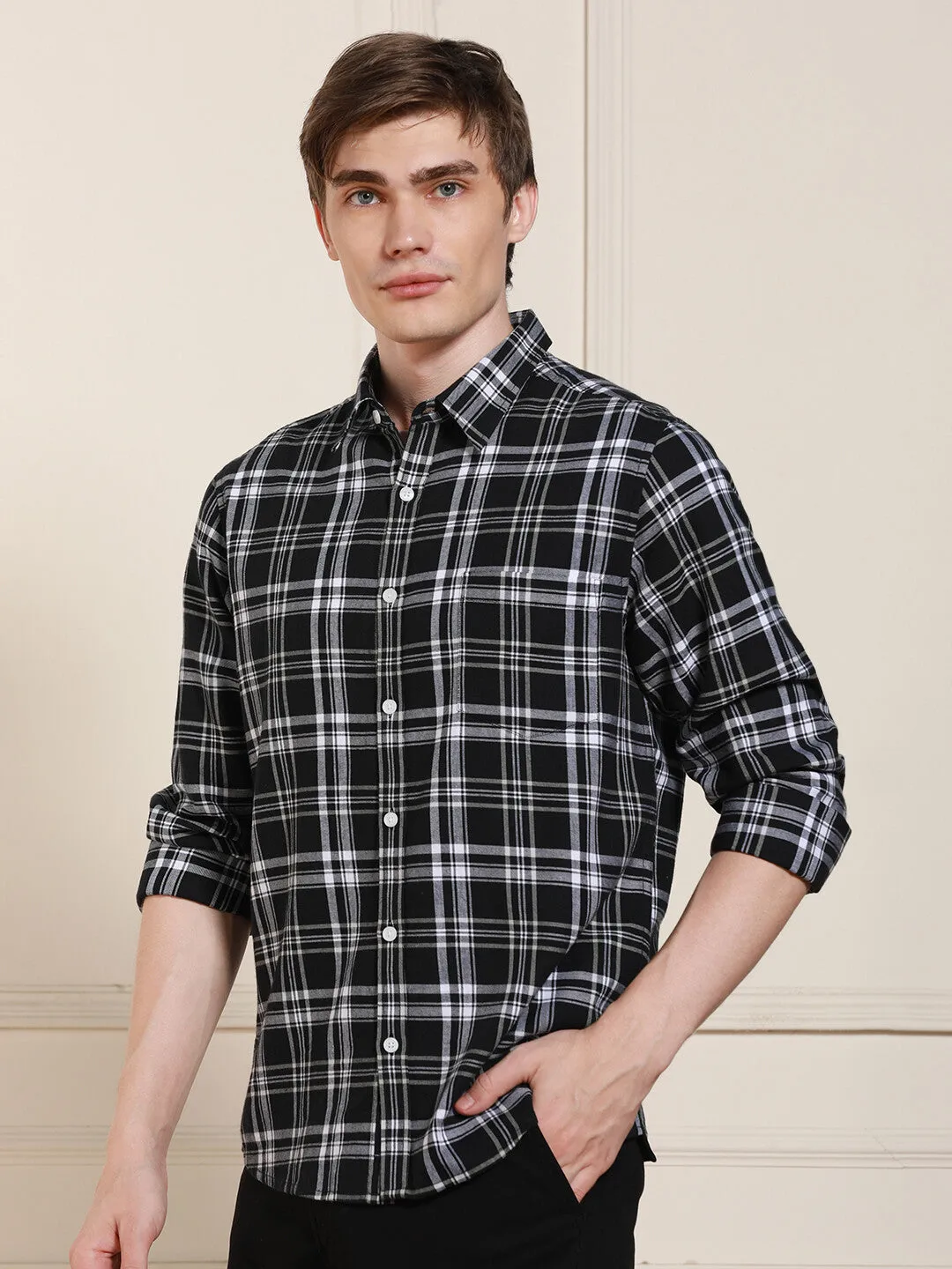 Men's Black Tartan Checks Spread Collar Full Sleeves Casual Shirt