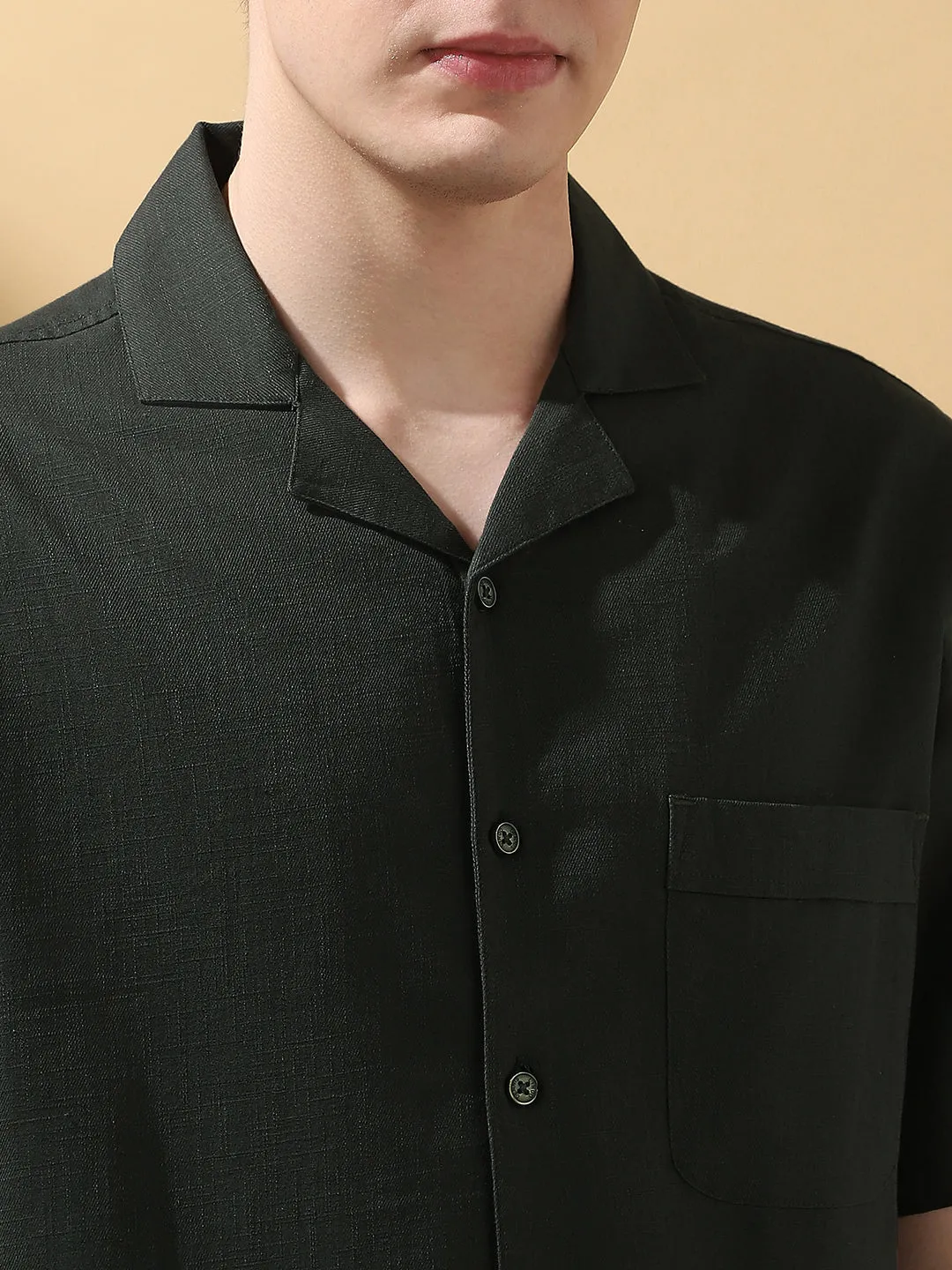 Men's Dark Olive Solid Textured Cuban Collar Half Sleeves Casual Shirt