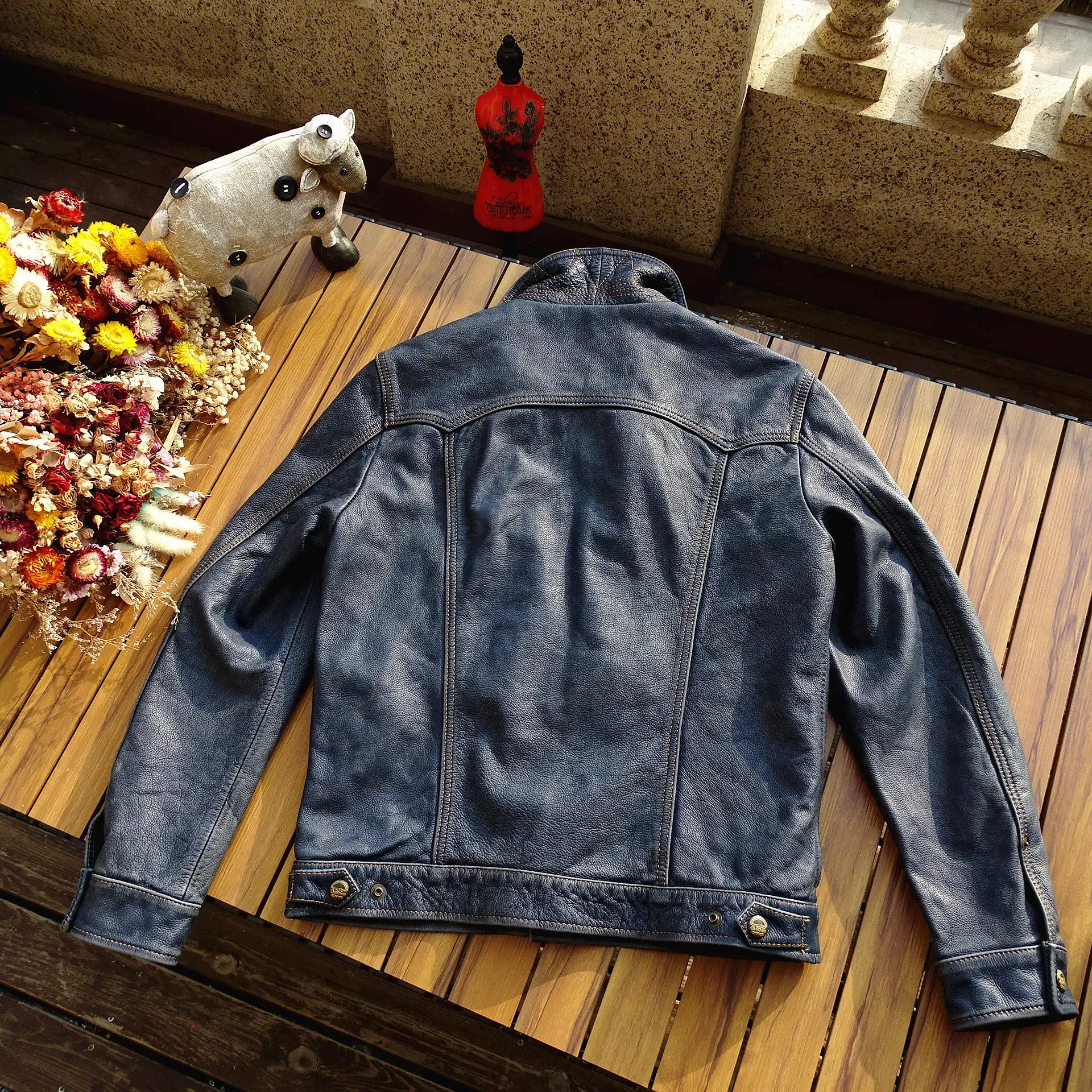 Men's Genuine Leather Jacket with Distressed Pocket Embroidery