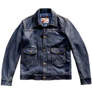 Men's Genuine Leather Jacket with Distressed Pocket Embroidery